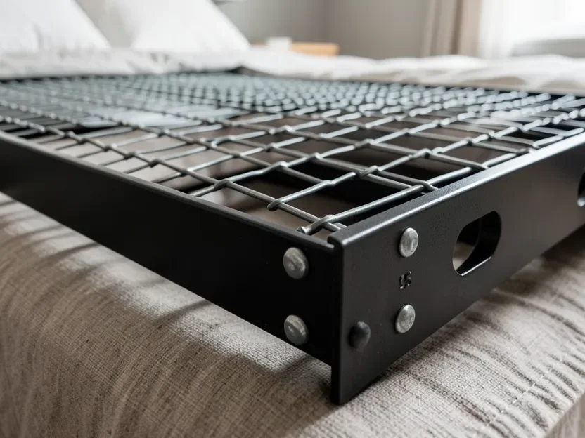 Close-up of a heavy duty metal box spring foundation with welded steel grid