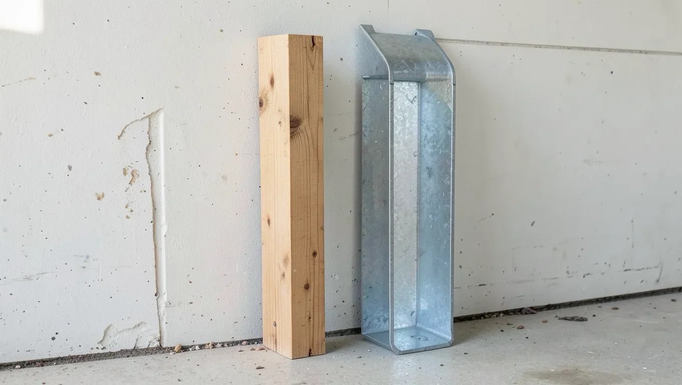 A wood 2x4 framing stud standing next to a galvanized metal C-shaped steel stud, side by side comparison