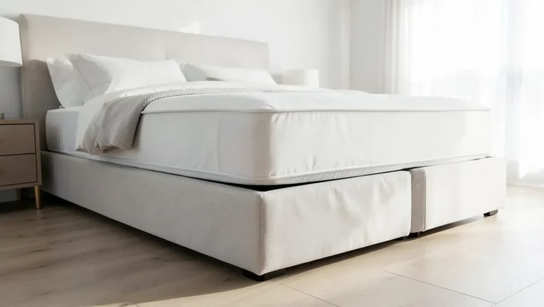 Modern bedroom with a mattress on a low-profile box spring foundation