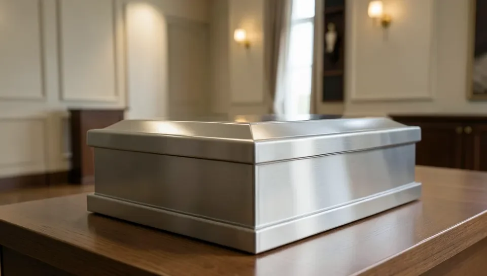Polished stainless steel casket with a brushed silver finish in a funeral home showroom