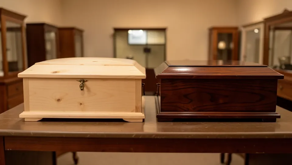 Pine and walnut wood caskets shown side by side in a funeral home showroom