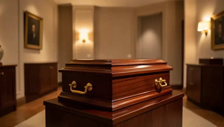 Dignified mahogany wood casket with brass handles in a funeral home showroom