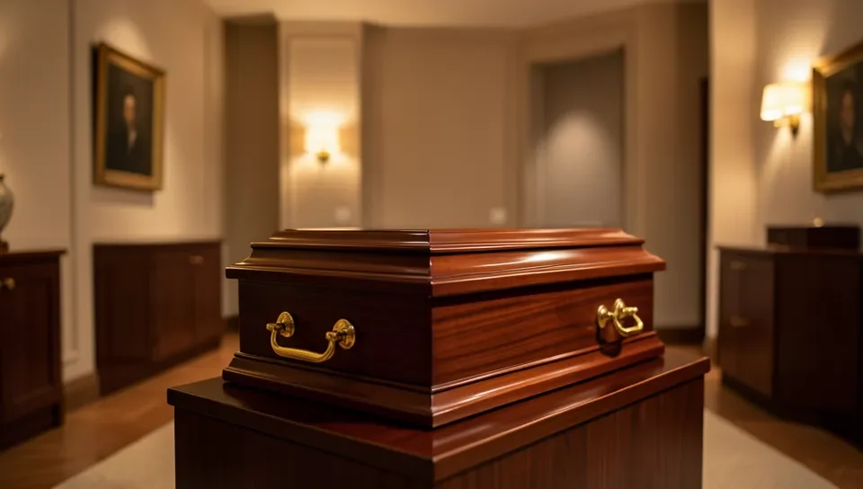 Dignified mahogany wood casket with brass handles in a funeral home showroom