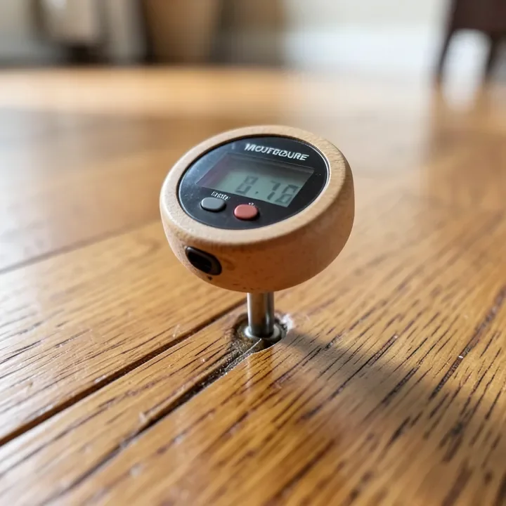 Pin-type wood moisture meter pressed into a hardwood floor board showing a reading