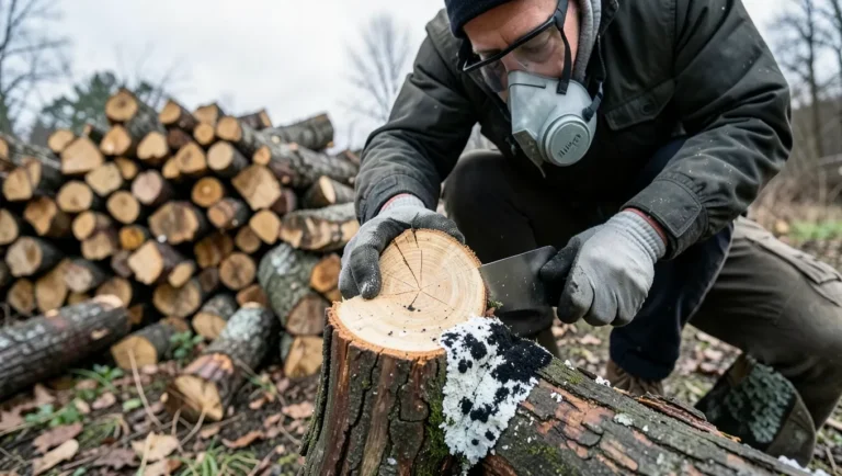 Person wearing an N95 mask and gloves splitting moldy firewood outdoors