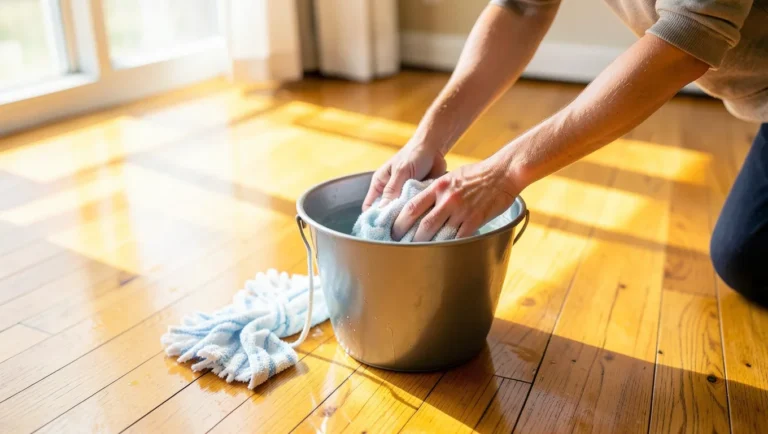Wringing out a mop before cleaning a hardwood floor