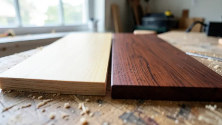 Side by side comparison of light nato lauan wood plank and dark genuine mahogany plank