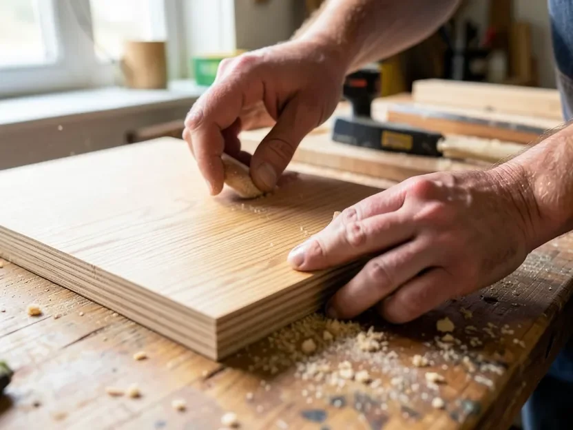 Sanding an oak veneer plywood board, showing the open ring-porous wood grain