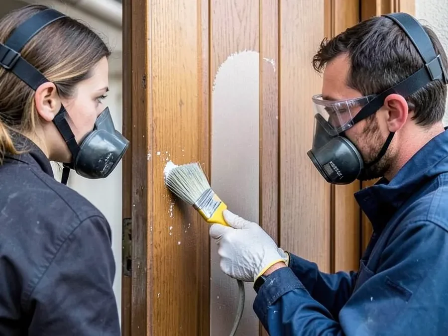 Applying paint stripping gel while wearing a respirator and gloves for safety