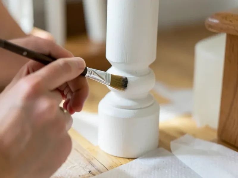 Using a small angled brush to paint a round wooden stair spindle