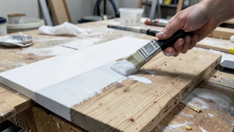 A wood plank being painted white with a brush, half painted half raw wood