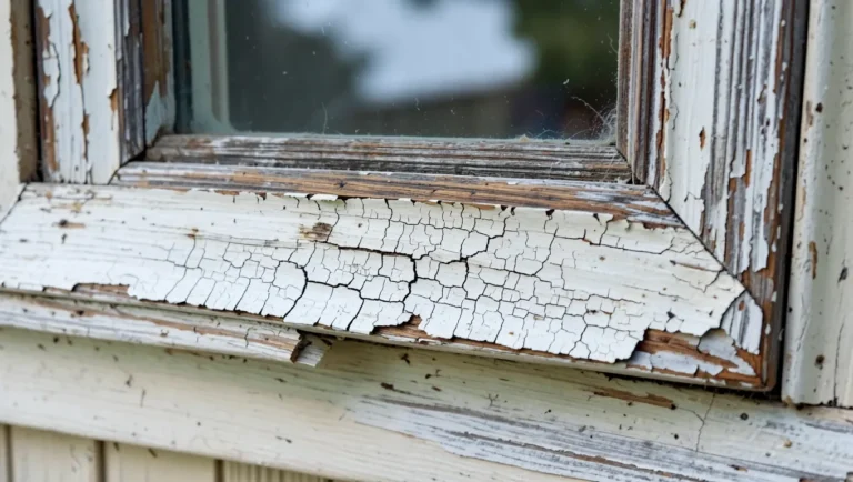 close-up of cracked, alligator-pattern peeling paint on a wood window frame