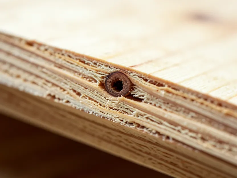 Close-up of a pine plywood edge showing a knot and a small core void