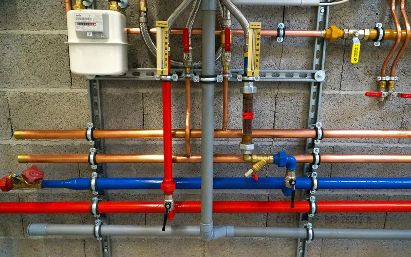 Grey PVC drain pipe running past copper supply lines on a basement wall