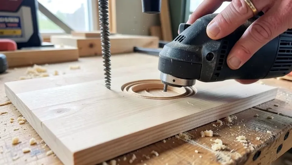 Plunge router cutting a circular groove into a wood panel