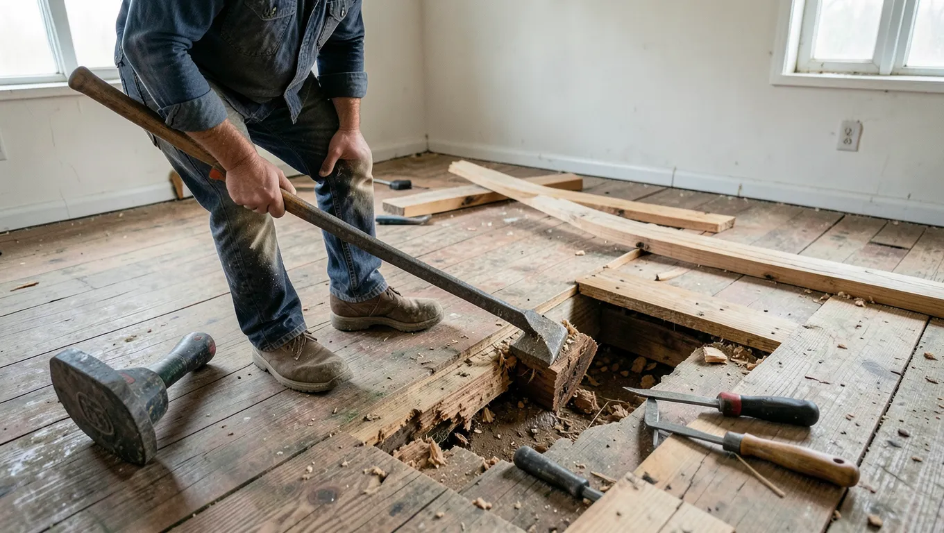 Prying up old hardwood floorboards during a room renovation