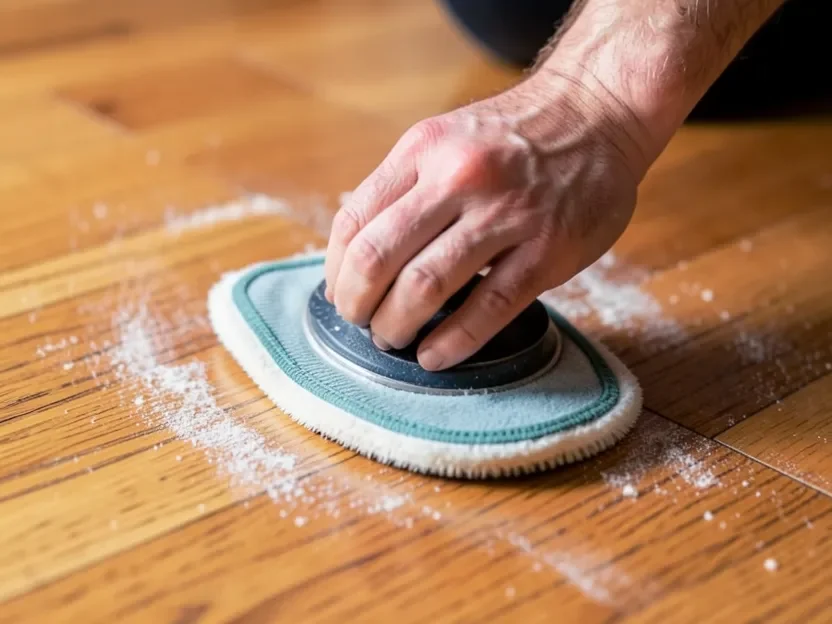 Screening a hardwood floor surface with a buffer before recoating