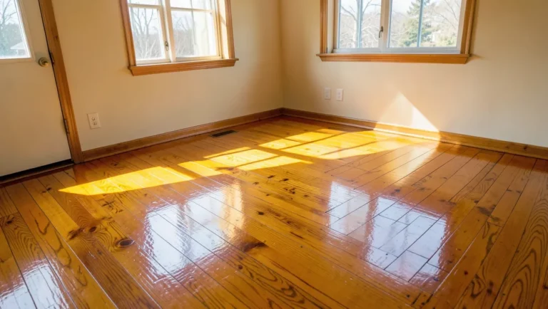 Freshly refinished glossy hardwood floor in a sunlit living room