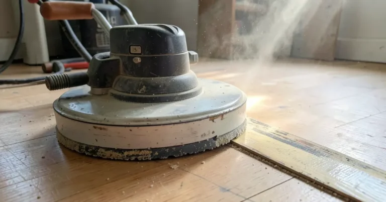 Drum floor sander removing old finish from a wood floor, sanded strip next to worn finish