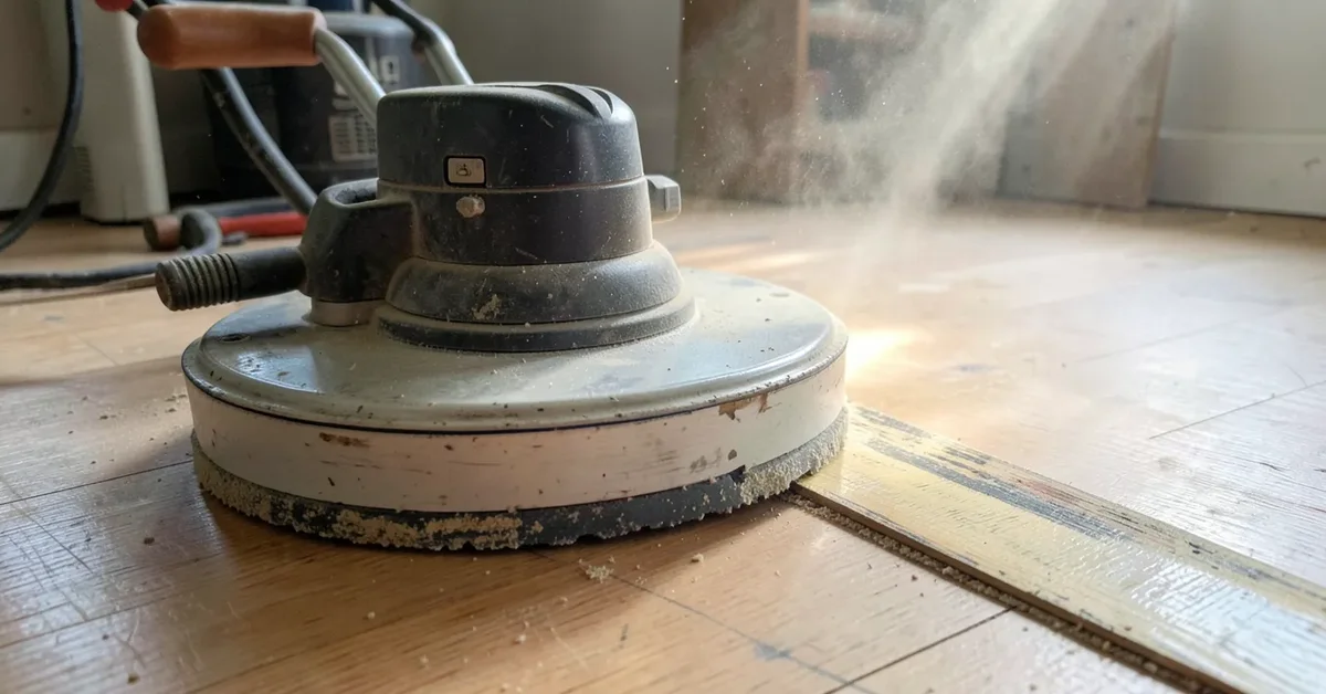 Drum floor sander removing old finish from a wood floor, sanded strip next to worn finish