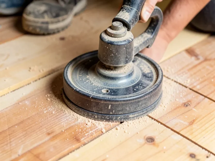 Drum sander removing old finish from hardwood floor during refinishing