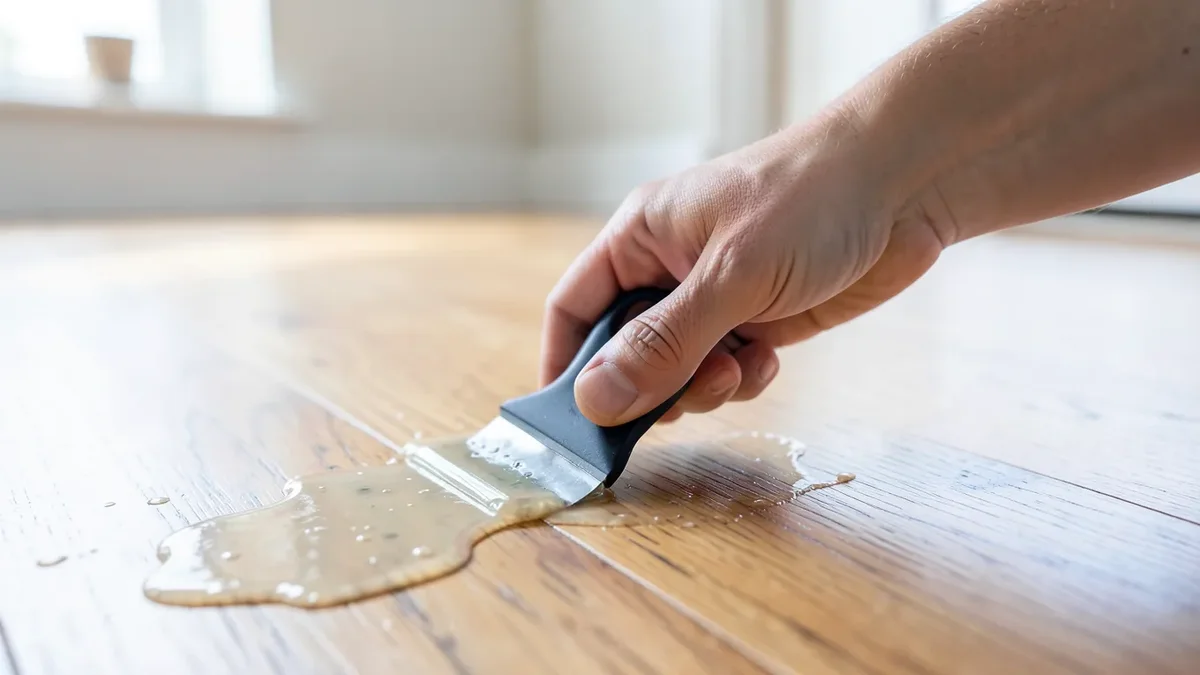 Scraping sticky adhesive residue off a hardwood floor