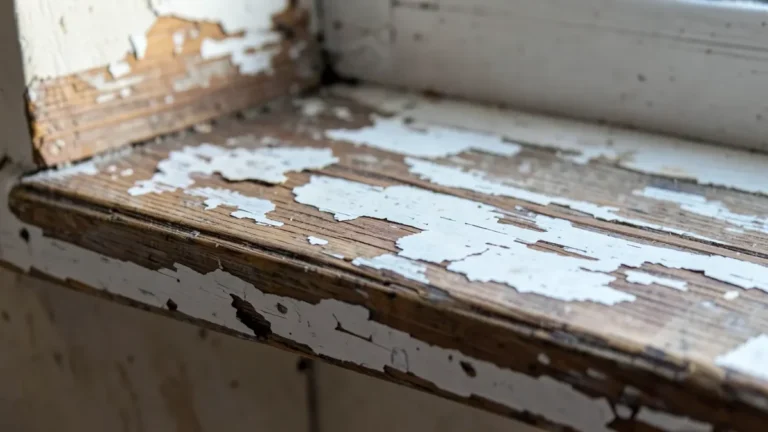 Close-up of chipped and peeling paint on a wooden windowsill before removal