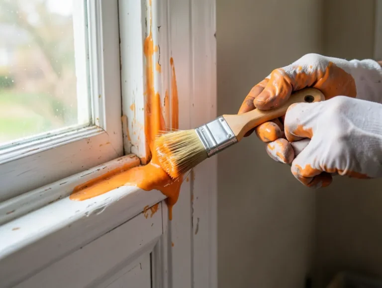 Applying citrus-based paint stripper gel to painted wood trim molding around a door casing