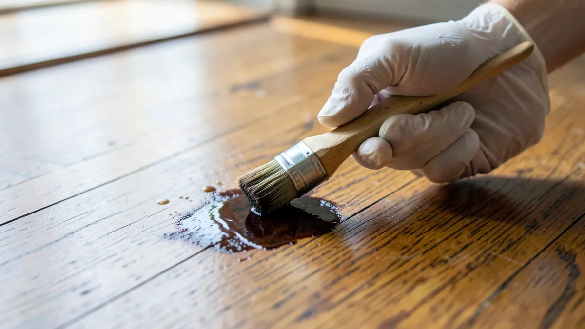 Applying oxalic acid wood bleach to a dark water stain on a hardwood floor