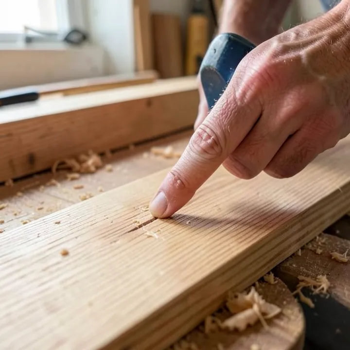 Running a fingernail across a hardwood scratch to check its depth