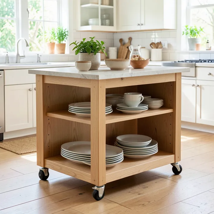 rolling kitchen island cart made of light ash wood with open shelving and casters rolling kitchen island cart made of light ash wood with open shelving and casters