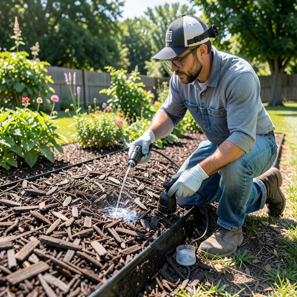 Landscaper spraying mulch glue onto a wood mulch bed