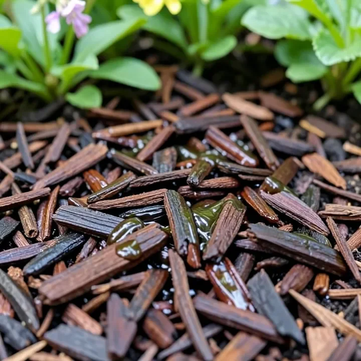 Close-up of wood mulch chips bonded together after mulch glue has cured