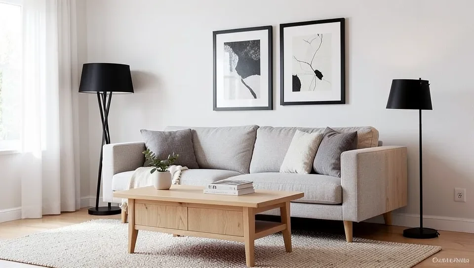 A Scandinavian-style living room pairing light oak wood with black accents
