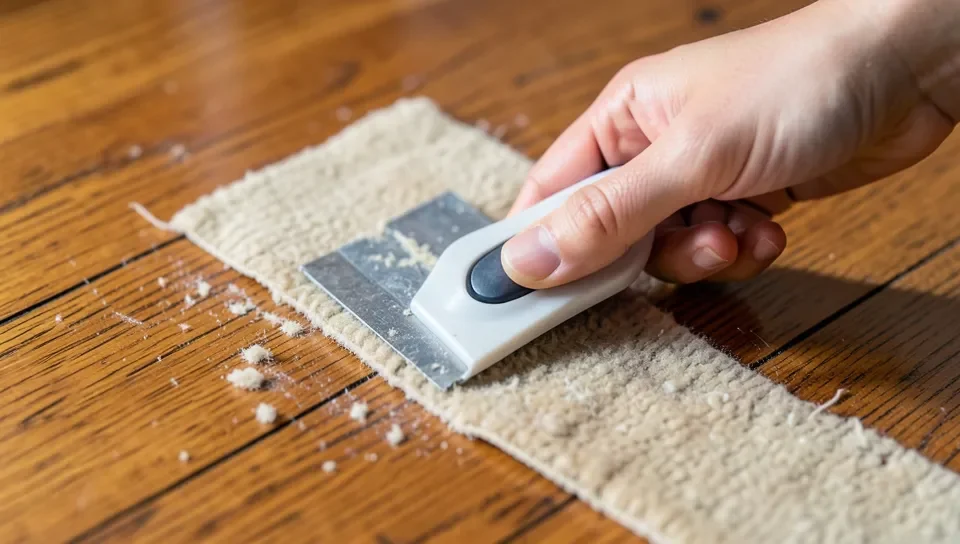 Using a plastic scraper to lift carpet tape from a hardwood floor