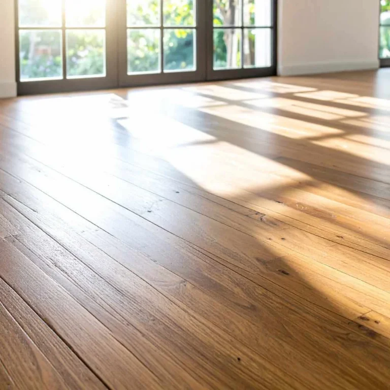 Glossy sealed hardwood floor reflecting sunlight from large windows