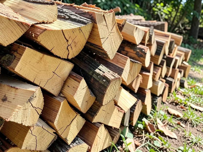 A stack of split, seasoned hardwood firewood with cracked end grain