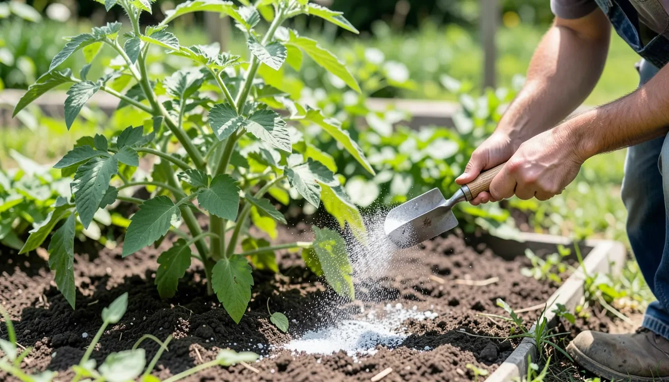 Sprinkling a light amount of wood ash around the base of a tomato plant