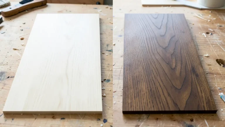 Spruce wood plank next to a dark stained oak wood plank showing color and grain differences