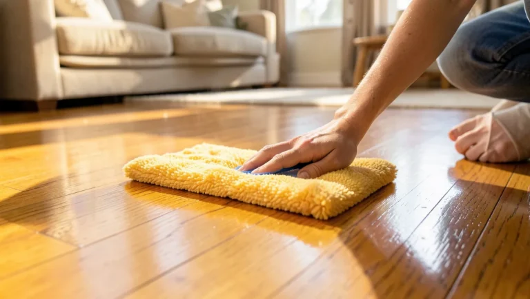 Cleaning a hardwood floor safely with a microfiber spray mop instead of a steam cleaner