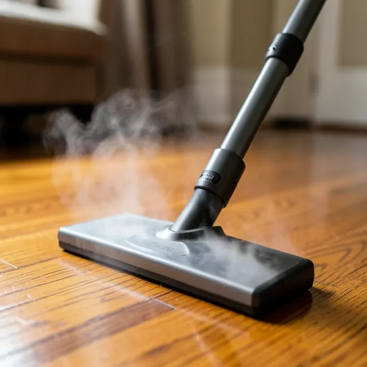 Steam mop head releasing visible steam vapor onto a hardwood floor