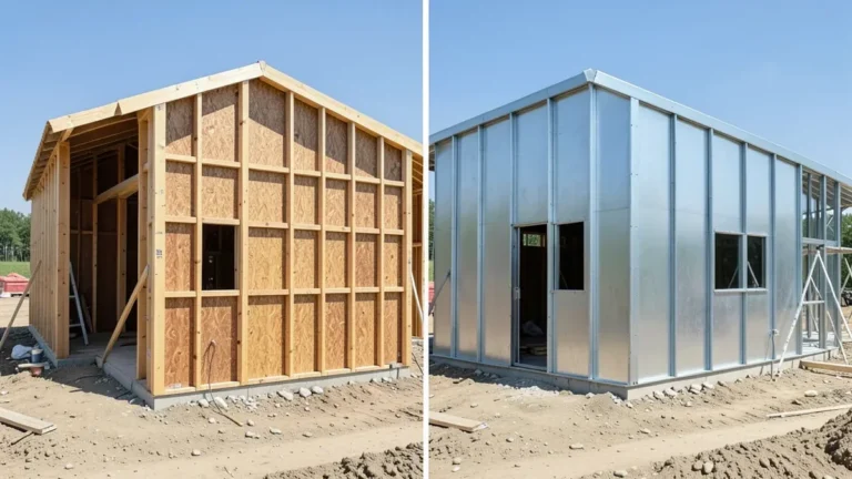 Side-by-side comparison of wood stud framing and steel stud framing on a building under construction