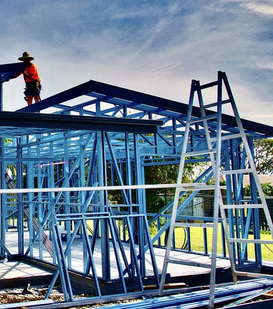 Light-gauge steel wall and roof framing on a building under construction