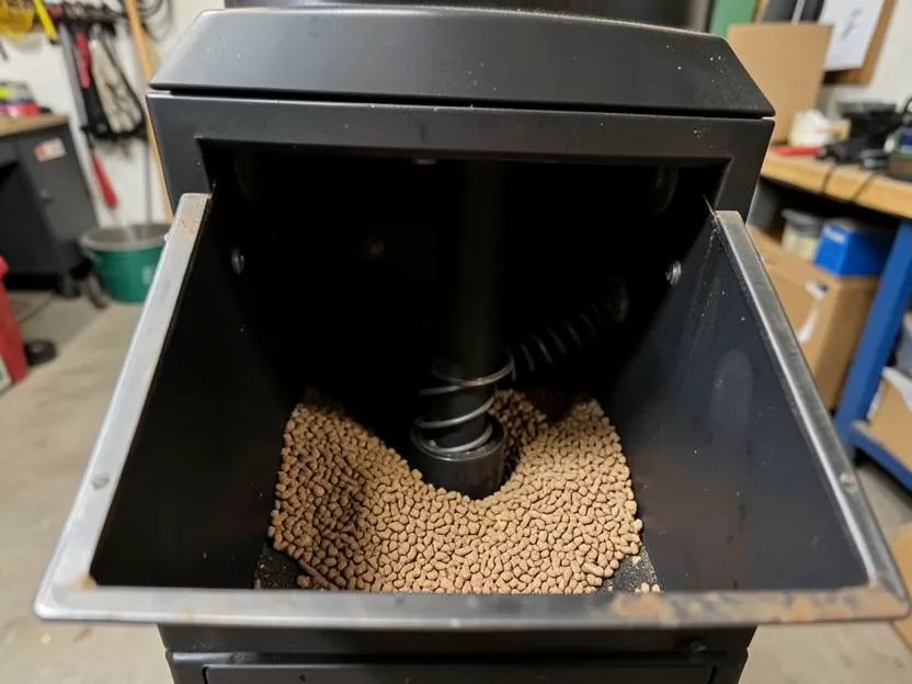 Open hopper of a corn or pellet stove showing the auger feed mechanism