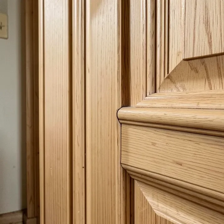 Interior wood door casing and trim after paint has been fully stripped, showing bare wood grain