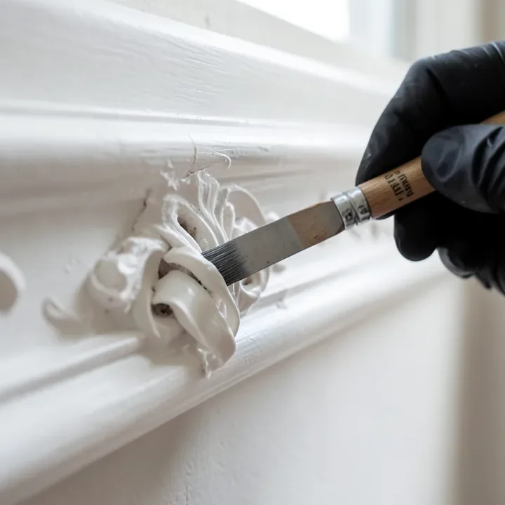 Detail tool scraping softened paint out of a carved molding profile groove
