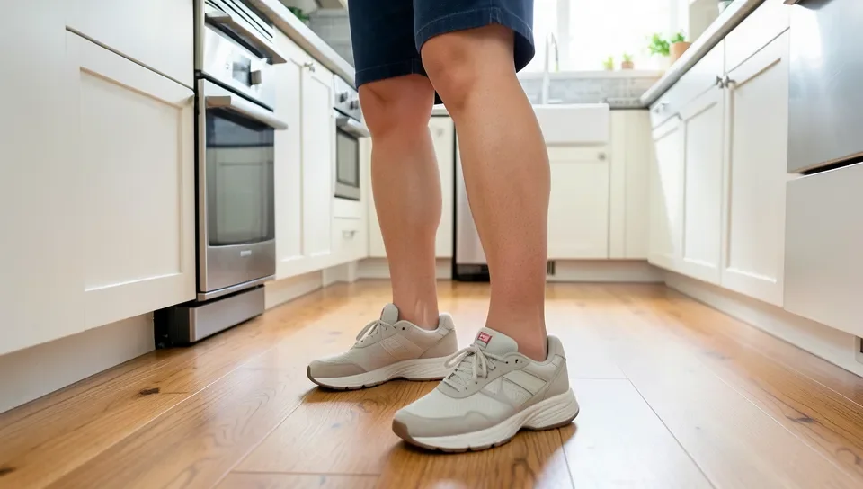 Person standing at a kitchen counter on hardwood flooring wearing supportive cushioned shoes