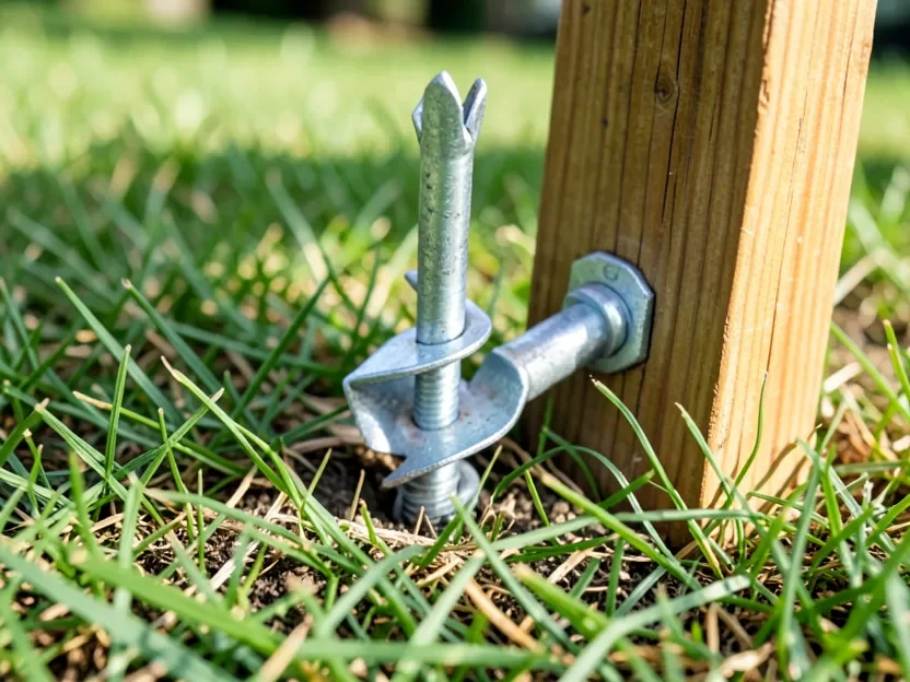 Metal ground anchor stake secured into the ground next to a wooden swing set leg