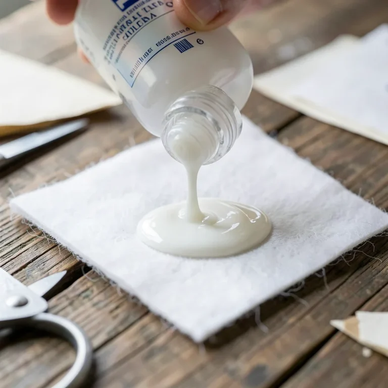 Clear tacky glue drying on white felt fabric during a craft project