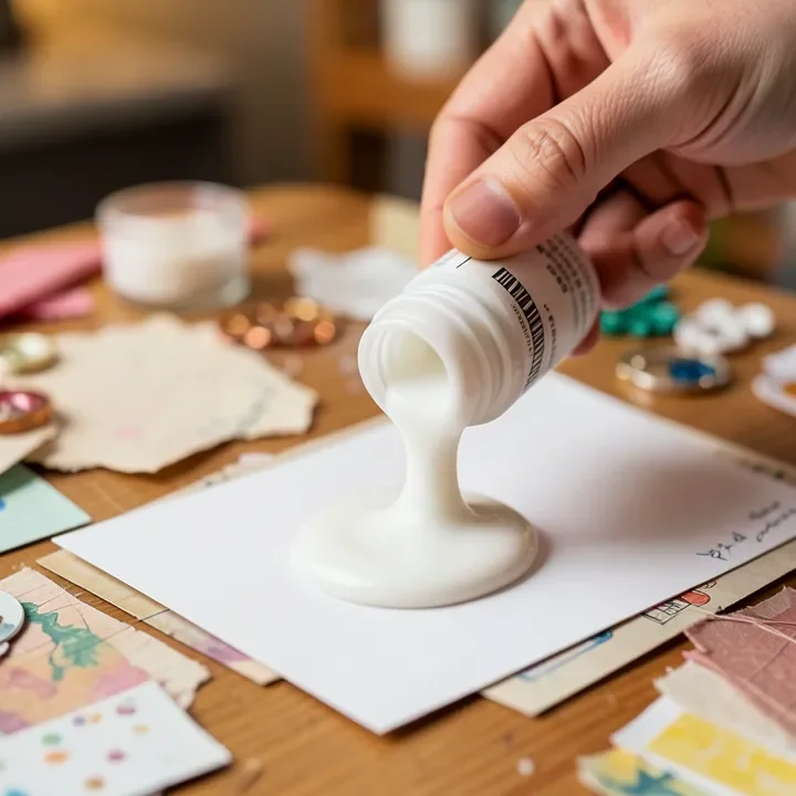 Thick tacky glue bead being applied to scrapbook paper